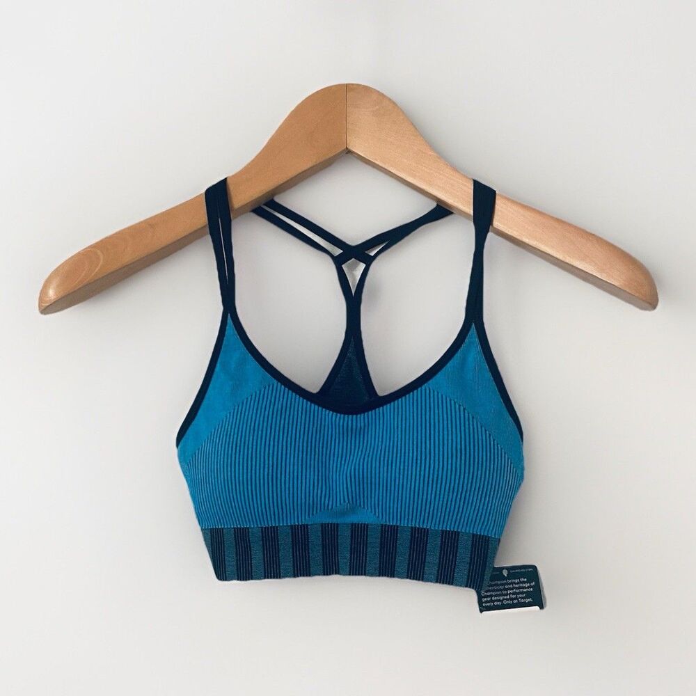 NWT C9 Champion Women's Seamless Rib-Knit Padded Strappy Sport Bra Blue Size XS
